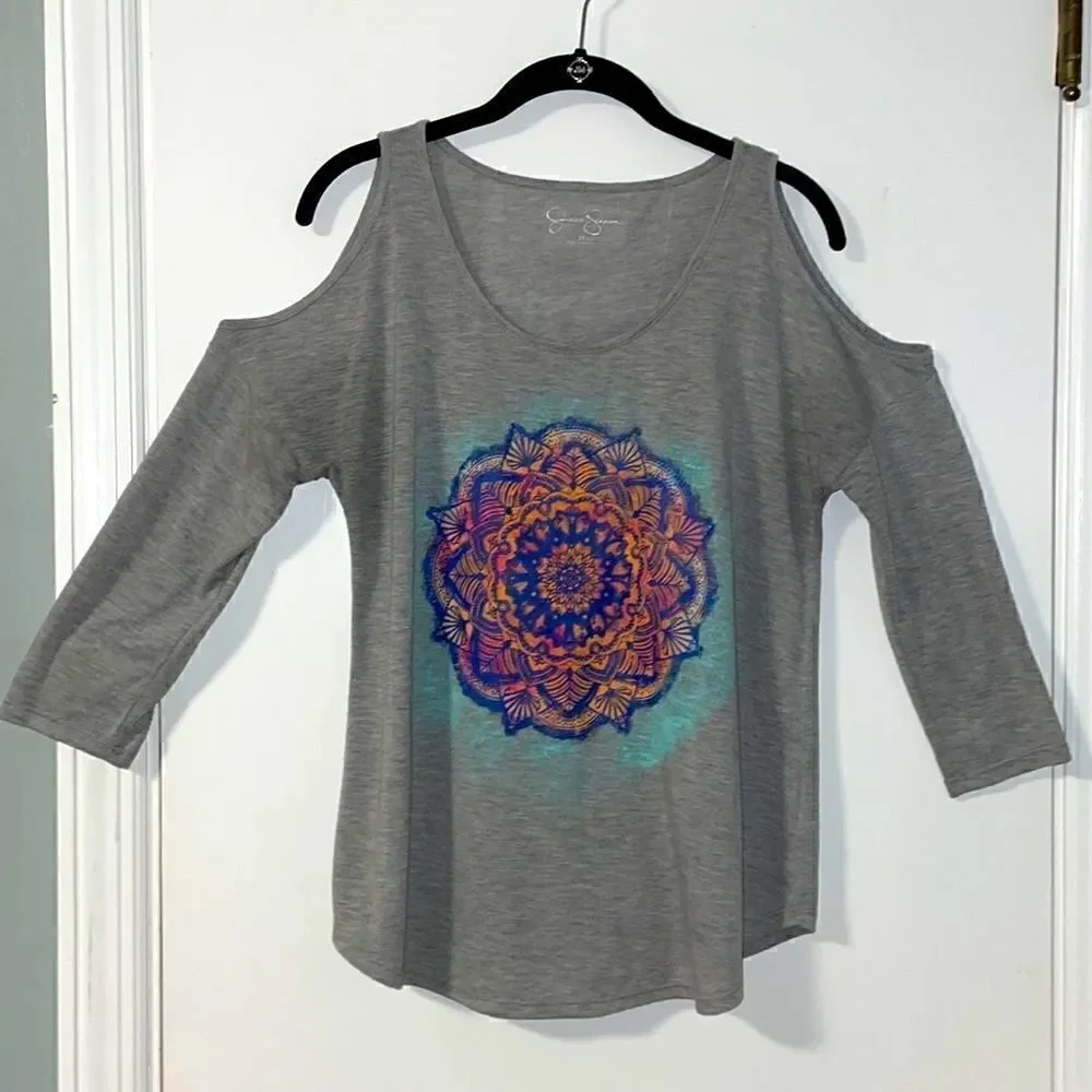 Jessica Simpson cold shoulder mandala graphic tee in grey, blue, & orang…